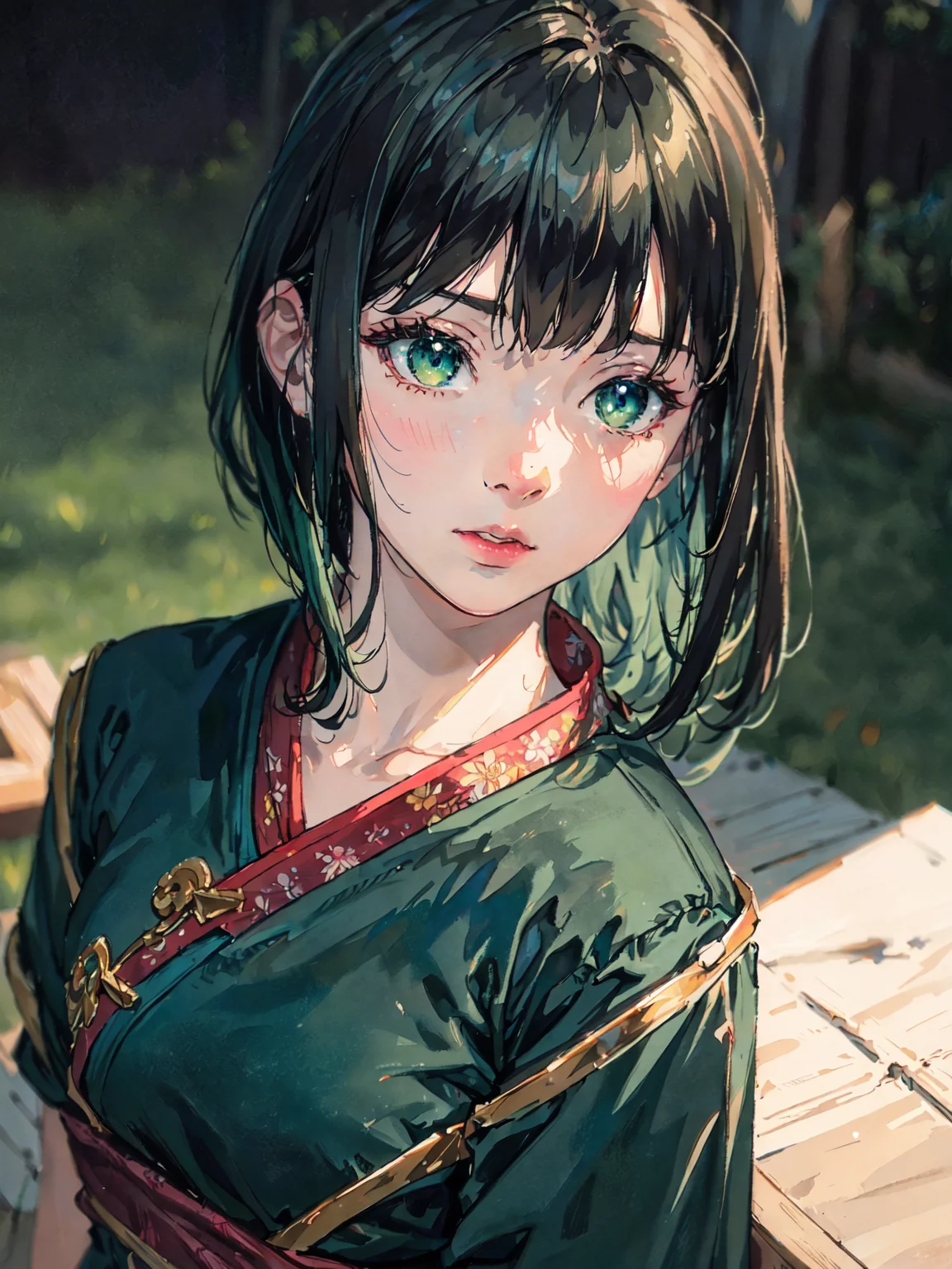 ((photorealistic:1.4)), finely detail, full-body shot, detailed full body features, ((1 girl)), ((solo)), ((extremely detailed face)), chinese girl, ((short straight hair)), ((black hair, bangs)), ((green hair)), perfect lighting, masterpiece, best quality, ultra-detailed, kawaii, chest, long hanfu, light, color, texture, detail, beauty, wonder, colorful, shuimobysim
