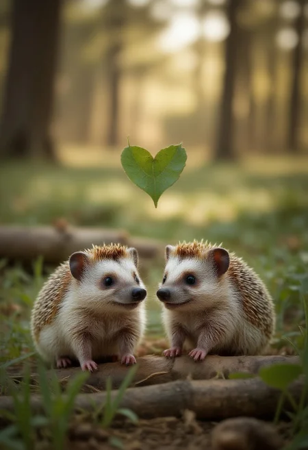 smolcute, tiny, two hedgehogs in the forest close to each other, professional photo, above there is a heart-shaped heart made of leaves