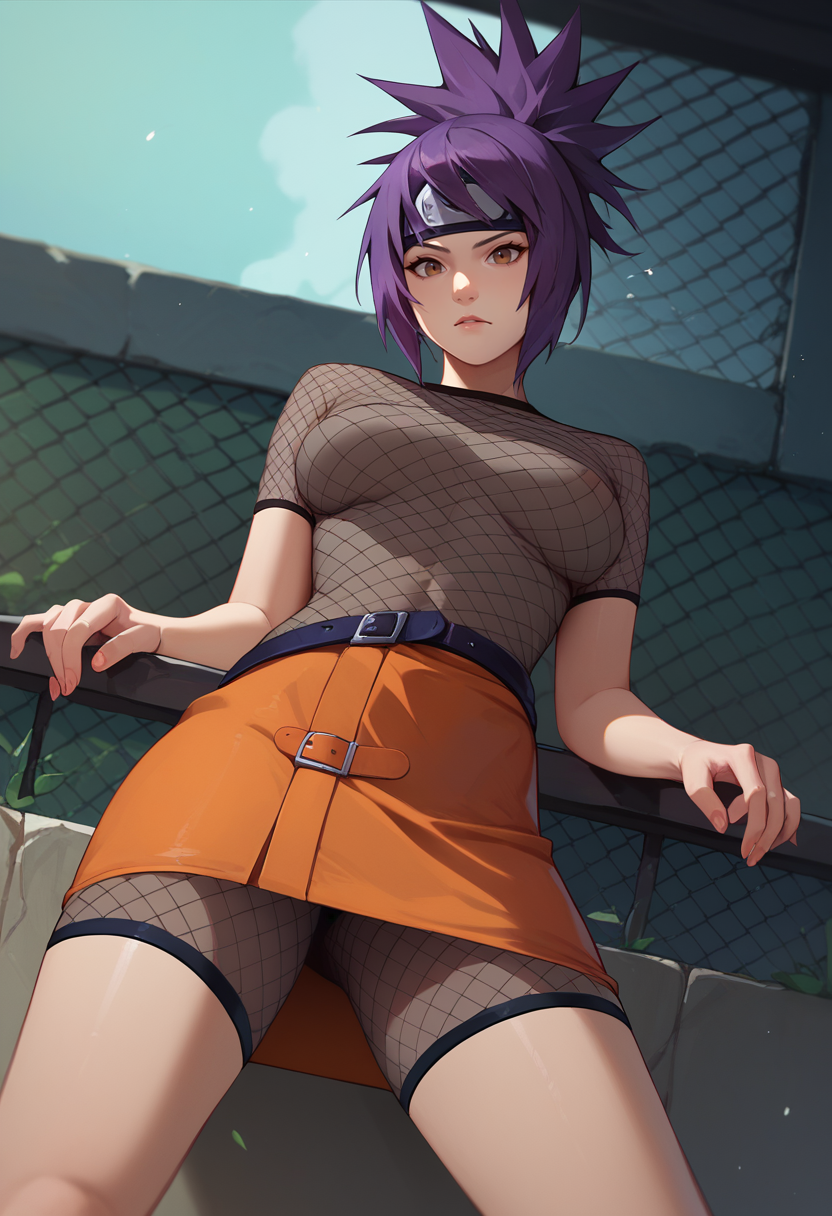 score_9, score_8_up, score_7_up, 1girl,  Anko, purple hair, ponytail, spiked hair, brown eyes, forehead protector,  mesh top, mesh shorts, belt, orange skirt  <lora:Anko TEST2-000008:1>