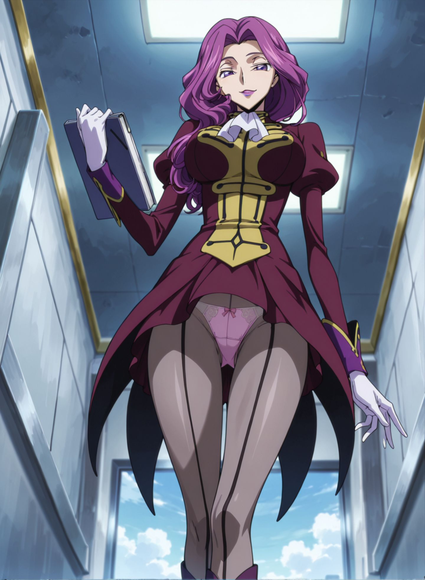 masterpiece,best quality,anime coloring,anime screenshot,
<lra:bra_peek:0.6>bra_peekV1,
1girl,pantyhose,standing, seductive smile, 
skirt,panties, from below, sexy panties, 
panty shot,holding file,  looking at viewer, 
mm,mature female,purple hair,purple eyes,lipstick,large breasts,anime coloring, s1,wavy hair,s1 uniform,ascot,gloves,boots,<lora:Cornelia_li_Britannia-Code_Geass:0.8>
code geass, official art,