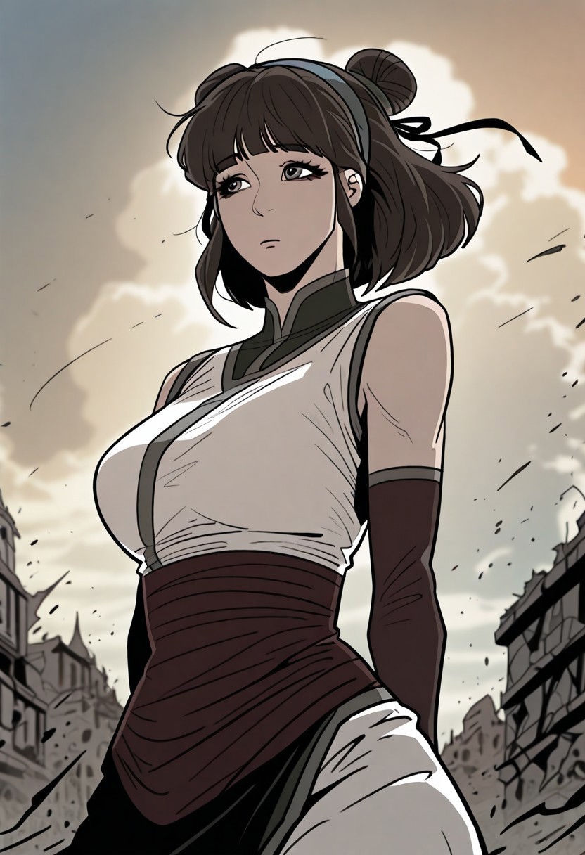 masterpiece, best quality, amazing quality, very aesthetic, miryeo, outfit1, double hair bun, short hair, blunt bangs, hairband, hair ribbon, gloves, elbow gloves, fingerless gloves, sleeveless,standing, wind, arms behind back, stretching arms behind back, leisure walk, looking away,, cinematic atmosphere, high contrast, blurry background, outdoors, ruin realm, clouds, destroyed world, reuined buildings floating in the sky, waterfalls in the sky,