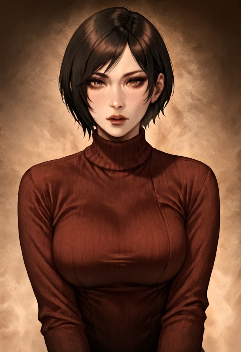 masterpiece, best quality, newest, absurdres, highres, D3CSPS-V1.0, brown theme, sepia, 1girl, Ada_wong, /(resident evil/), asian, asian female, short hair, black hair, sweater, red sweater,