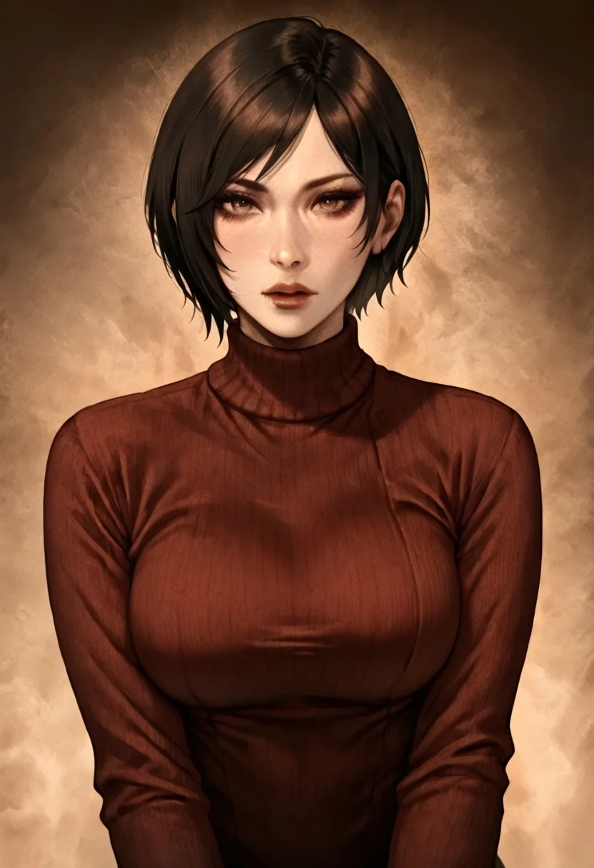 masterpiece, best quality, newest, absurdres, highres, D3CSPS-V1.0, brown theme, sepia, 1girl, Ada_wong, /(resident evil/), asian, asian female, short hair, black hair, sweater, red sweater,