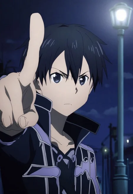 high resolution, solo, best quality, 1Boy, Kazuto Kirigaya, Black Hair, Black Eyes, portrait, midnight, dim street lights, mysterious, threatening, sword, aiming the sword to the viewer, OverallDetail