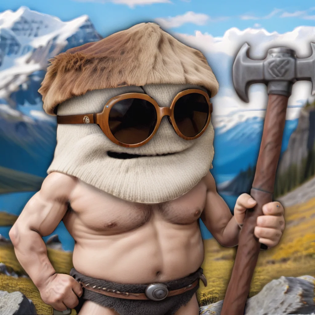 full body portrait of a barbarian sock puppet,wild,wooden inuit sunglasses,bare chest,incredible war hammer,wilderness landscape,<lora:LasogetteXLv1_1:0.9>,