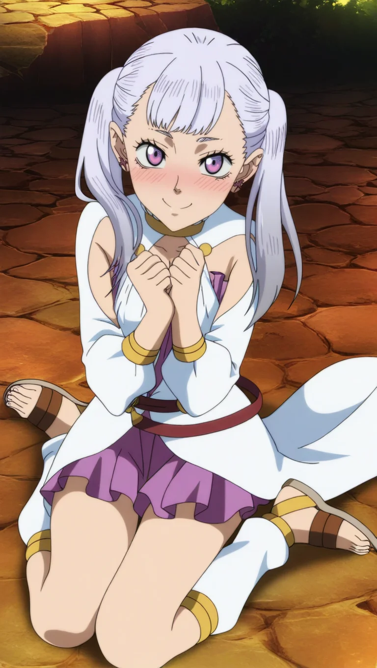 source_anime, masterpiece, best quality, amazing quality, anime screencap, high quality, 8k, absurdres, official style, 1girl, solo, looking at viewer, wariza, smile, blush, <lora:Noelle_Silva_Pre_iL:1>, n03ll3 s1lv4 pre, purple eyes, silver hair, bangs, long hair, twintails, magic knight outfit, purple undershirt, purple skirt, no capelet, bare shoulders, clothing cutout, dress, white dress, sandals, leg warmers,