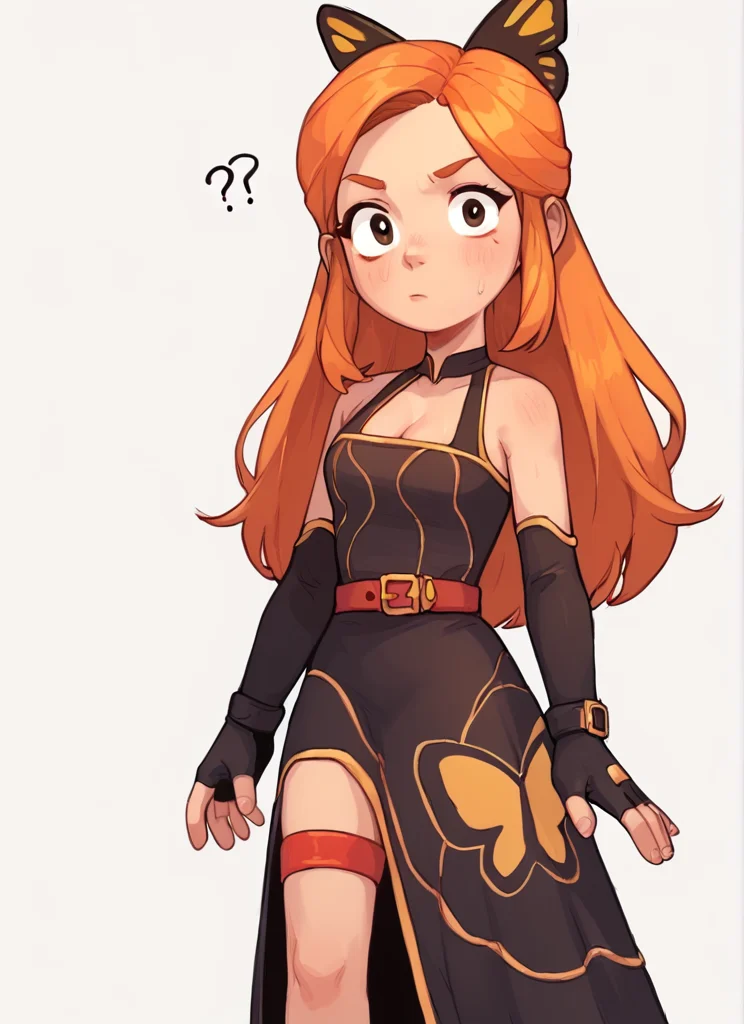 score_9, score_8_up, score_7_up, 1 girl , bpiper , orange hair, long hair, butterfly hair ornament, cleavage , black sleeveless dress,long dress, pelvic curtain, red thigh strap, belt , black elbow gloves, fingerless gloves <lora:bpiper-000004:1> <lora:PossumMachine:1>posmach , confused, ??? ,looking at viewer, simple background,