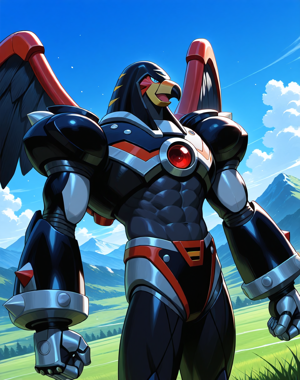 <lora:Flame_Falcon_(Mega_Man_X)_(Illustrious)_(AD):1> Flame Falcon, reploid, MMX, 
exterior, blue sky with clouds, mountain valley, grassy valley,
dutch angle, dynamic action, cowboy shot,
male focus, intense shadows, dynamic shadows, intricate details, attention to details, gradient coloring, robot, bright vivid colors, deep metallic colors, glossy metal body, wings, beak, abs, hyper muscular, evil villain, evil smirk, 
BREAK very awa, masterpiece, best quality, amazing quality, very aesthetic, highres, absurdres,
EZRealPONYXL, zPDXL, Smooth Quality, lazynsfw,