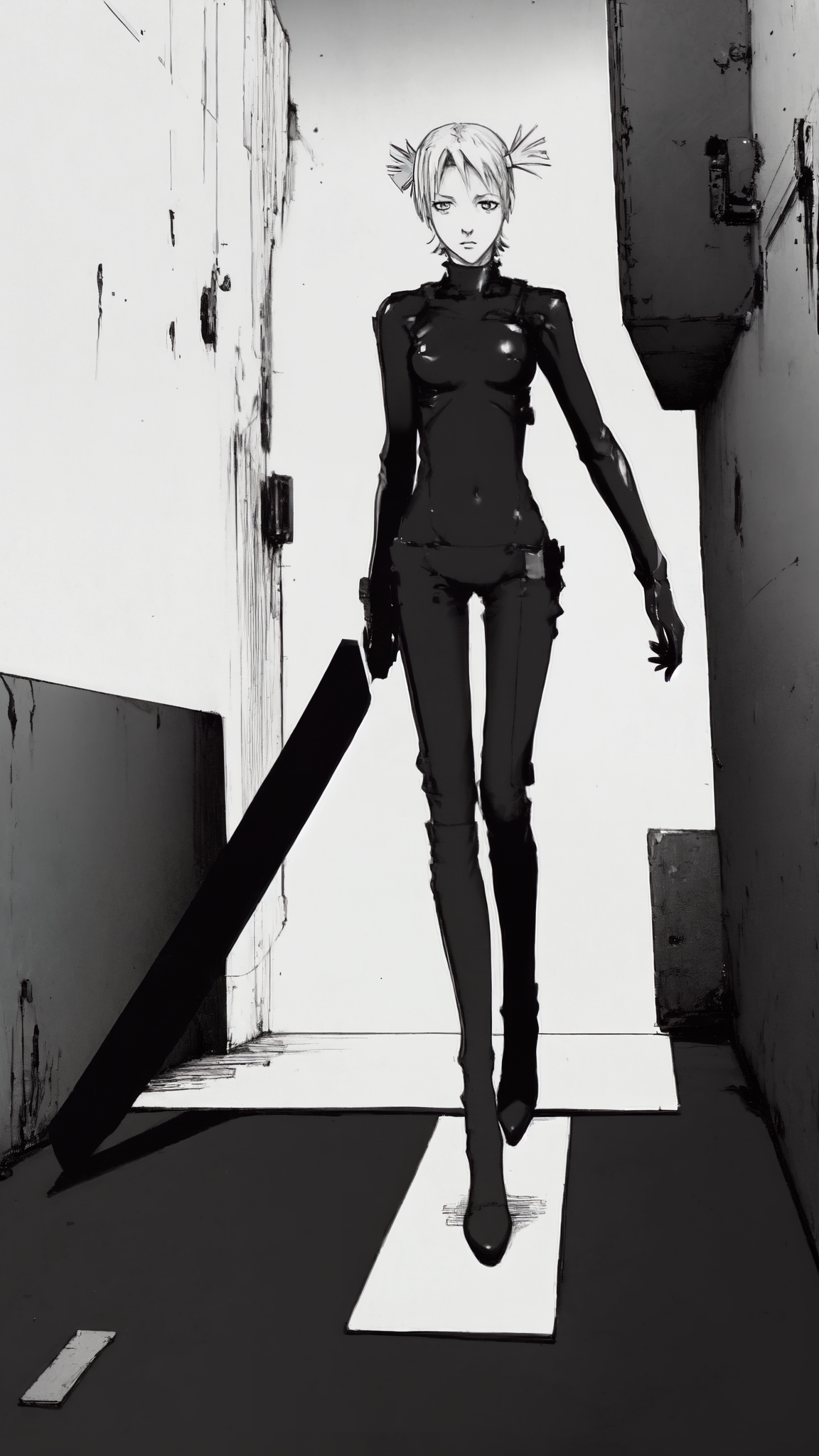 cibo, full body, black bodysuit, white background, best quality,  short hair, short twintails, front view, going, walls, floor, blade, jpeg artifacts, traditional media, manga