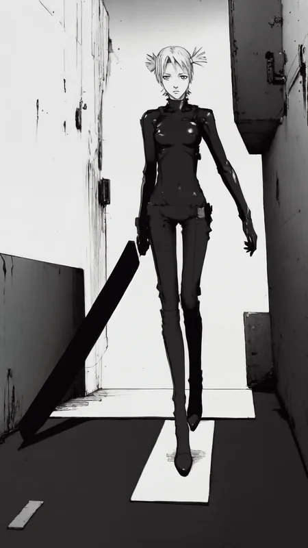 cibo, full body, black bodysuit, white background, best quality, short hair, short twintails, front view, going, walls, floor, blade, jpeg artifacts, traditional media, manga