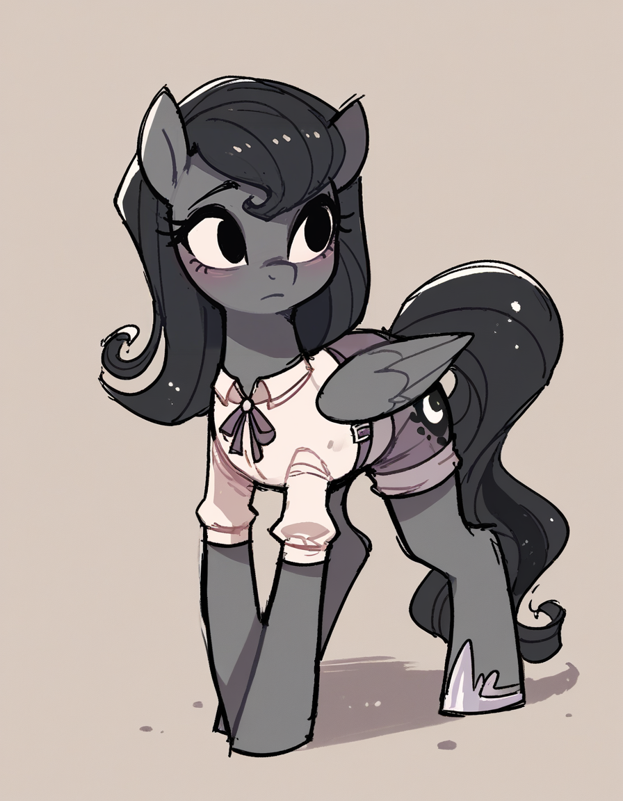 score_9, score_8_up, score_7_up, score_6_up, score_5_up, score_4_up, solo, 1girl, solo,
<lora:StickySweet_v0:0.9> stkyswt, flat color, sketch, black eyes, source_furry, anthro pony girl, \(mlp\),  Princess Mi Amora Cadenza, pony,