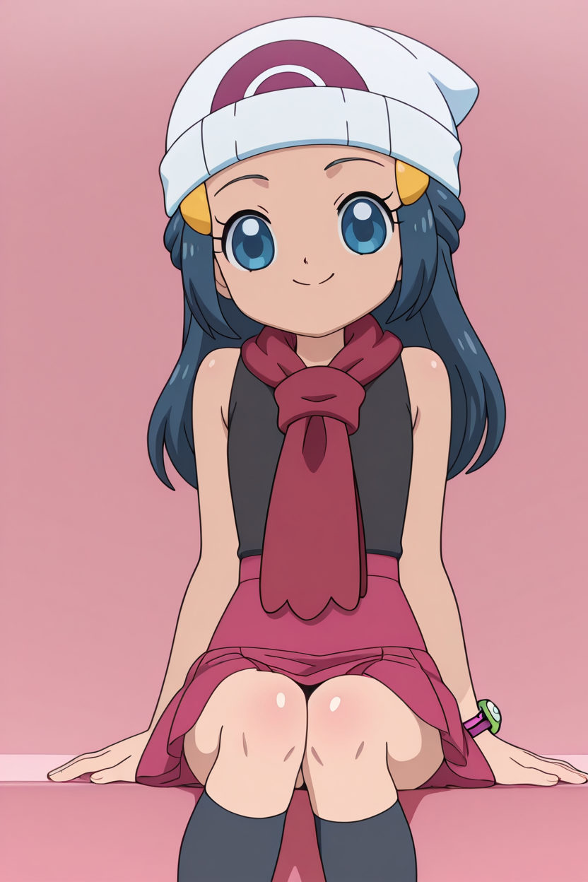 masterpiece, best quality, 1girl, solo, beautiful eyes, zzDawn, blue hair, blue eyes, sidelocks, long hair, bare shoulders, beanie, black shirt, black socks, bracelet, hat, jewelry, kneehighs, miniskirt, pink skirt, red scarf, scarf, shirt, skirt, sleeveless, sleeveless shirt, white headwear,  <lora:DawnPokemonIXL_e07:1.0> <lora:Himitsu_no_Cocotama_IXL:1.0>, upper body, smile, looking at viewer, shiny skin,