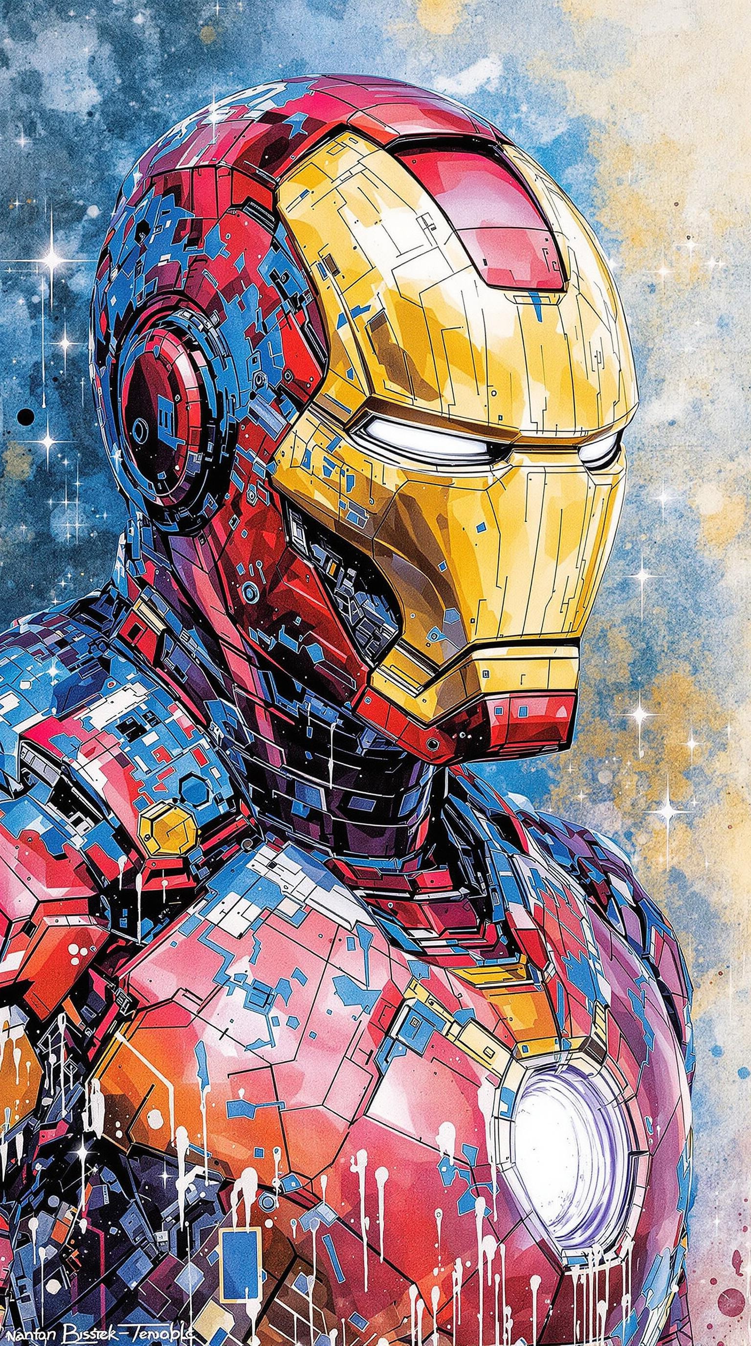 Iron Man, urban Comics, blue ornaments, Marvel, sci fi, highly technology, iconographic, glitch background, , watercolor, ink, mist, interactive image, highly detailed, art style by Clayton Crain + Ross Tran + Rachel Walpole + Jeszika Le Vye + Dan Volbert + Simon Stalenhag + Brian Stelfreeze