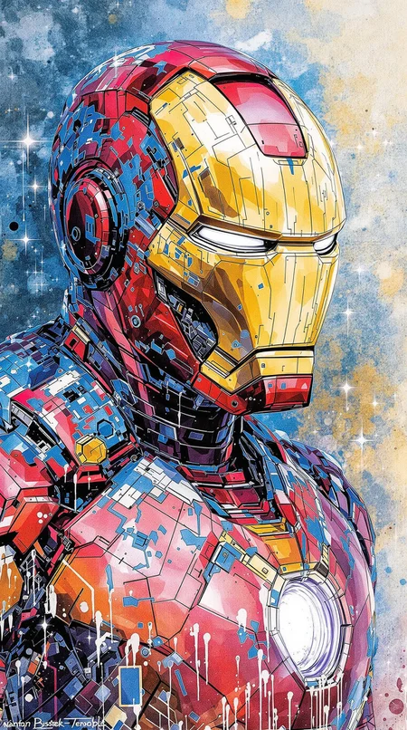Iron Man, urban Comics, blue ornaments, Marvel, sci fi, highly technology, iconographic, glitch background, , watercolor, ink, mist, interactive image, highly detailed, art style by Clayton Crain + Ross Tran + Rachel Walpole + Jeszika Le Vye + Dan Volbert + Simon Stalenhag + Brian Stelfreeze
