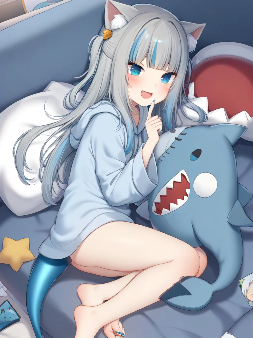 1girl, long hair, looking at viewer, blush, smile, open mouth, bangs, blue eyes, hair ornament, long sleeves, animal ears, blue hair, tail, :d, grey hair, multicolored hair, lying, food, barefoot, fang, indoors, cat ears, hood, blunt bangs, nail polish, feet, two side up, streaked hair, animal ear fluff, legs, pillow, toes, stuffed toy, stuffed animal, couch, blue nails, kemonomimi mode, toenails, toenail polish, on couch, fish tail, shark tail, blue hoodie, picture \(object\),from side,lying, hand on own chin, index finger raised
<lora:gan_cheng_3-000044>,
