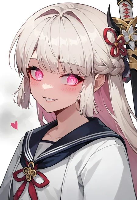 score_9, score_8_up, score_7_up, source_anime, rating_safe , 1girl, solo,long hair, white hair, pink hair, multicolored hair, braid, pink eyes, japanese clothes, school uniform,glowing eyes,blush, evil smile, evil looking, 4k, detailed, from below, teeth, glowing eyes, yandere, upper body ,white background, half closed eyes, seductive look, naughy face, hearts, steam, vapor, katana on back, sword on back, cute, young, ((blush)), wide open eyes