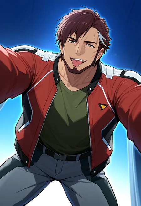 score_9, score_8_up, score_7_up, score_6_up, perfect anatomy, perfect proportions, best quality, masterpiece, high_resolution, high quality, best aesthetic, incredibly absurdres, highres, extremely detailed, huge filesize, solo male, adult, mature, masculine, manly, handsome, charming, alluring, standing, upper body, dutch angle, cowboy shot, perfect face, source_anime, anime coloring, MDArad, Arad Mölders, brown hair, two-tone hair, streaked hair, sideburns, brown eyes, facial hair, chinstrap beard, jawline beard, green undershirt, Arad's jacket\(Macross Δ\), red jacket, open jacket, long sleeves, grey pants, two-tone pants, tactical kneepads, open mouth, mischievous grin, tongue out, sweaty, erotic, kinky, lewd, seductive, on top of viewer focus, legs apart, leaning forward, expressive face, looking down at viewer, bend over, from below, dynamic angle, foreshortening, pov, intricately detailed illustration, atmospheric perspective, depth of field, newest, seductive_pose, shading, countershading, detailed shading, detailed skin, realistic shading, intricate details, movie still, vibrant, vivid, stardom, glamorous, extraordinary achievement, award-winning, expressionist, cinematic still, emotional, harmonious, vignette, bokeh, cinemascope, moody, epic, gorgeous