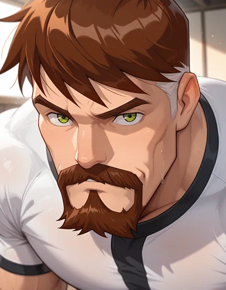 masterpiece, best quality, amazing quality, <lora:Ben_10000_IL:1>, BenT-ARAI-IL, 1boy, solo, male focus, muscular, facial hair, mustache, brown hair, green eyes, shirt, looking at viewer, close up, <lora:cfg_scale_boost:0.4>