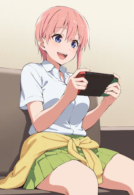 masterpiece, best quality, 1girl, solo, IchkDef, blue eyes, pink hair, short hair, dress shirt, white shirt, short sleeves, green skirt, yellow sweater around waist, indoors, sitting, on couch, laughing, open mouth, holding handheld game console, happy, smile, <lora:ChamNakanoIchikaIllustriousXL:1>