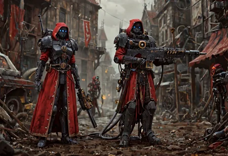 Absurdres, score_9_up, Source: Hames Workshop, Warhammer40K, art by, An adeptus Mechanicus tech priest with a nearby hovering servoskull assistant beside him, the priest has mechanical body augmentations, (masterpiece), best quality, expressive eyes, perfect face, techpriest, robe, hood, steampunk, mechanical arms, cable, cyborg, wires, bionic eye, submachine gun, cyborg eye, mantisdetailerse, adddetails, <lora:cyborg_eyev.:0.7>, <lora:6f3a2b85-aa03-4ab1-9f9a-e816ad4b1121:0.7>, <lora:a457f2af-3f3e-477f-ac8b-4981d8f3f2d0:0.7>, <lora:techpriest:0.7>, <lora:bioniceyeLoRA.:0.7>, 9e7aff87-e1b6-4739-8a67-216f075142a5, <lora:dd8a1b53-108f-4ff3-b794-5056516664e6:2.0>