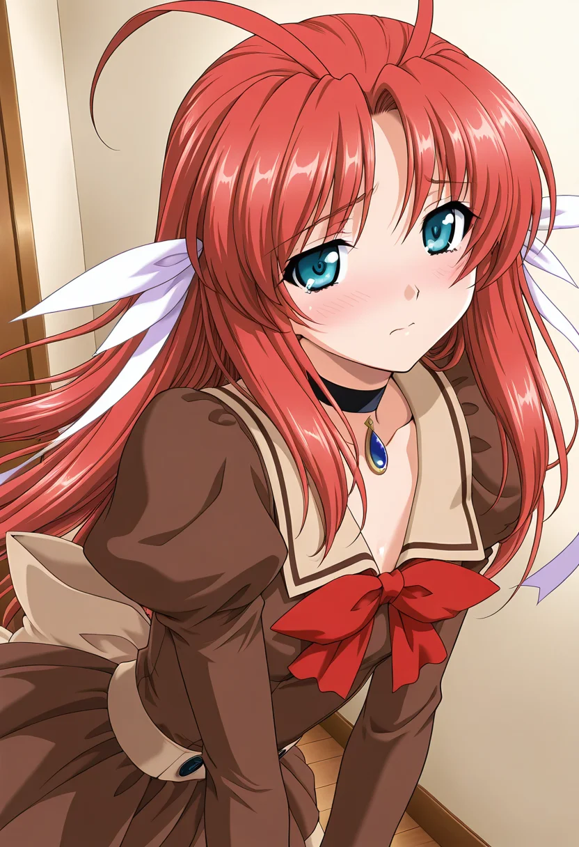 masterpiece,best quality,amazing quality, 1girl, c tear, long hair, red hair, antenna hair, aqua eyes, hair ribbon, brown dress, choker, blue brooch, red bowtie, juliet sleeves, long sleeves, beige bow, indoors, looking at viewer, shiny skin, blush, dutch angle, <lora:Princess_Tear_ILLUS_c-000009:0.9>