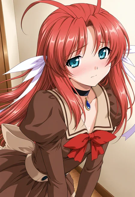 masterpiece,best quality,amazing quality, 1girl, c tear, long hair, red hair, antenna hair, aqua eyes, hair ribbon, brown dress, choker, blue brooch, red bowtie, juliet sleeves, long sleeves, beige bow, indoors, looking at viewer, shiny skin, blush, dutch angle,  <lora:Princess_Tear_ILLUS_c-000009:0.9>