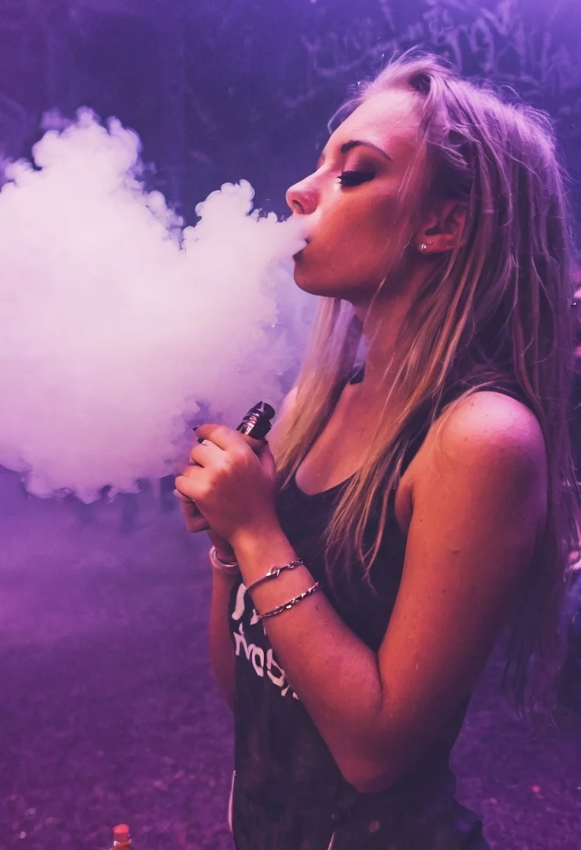 <lora:VapeXL-08:1.0> VapeXL, girl blowing smoke, rave