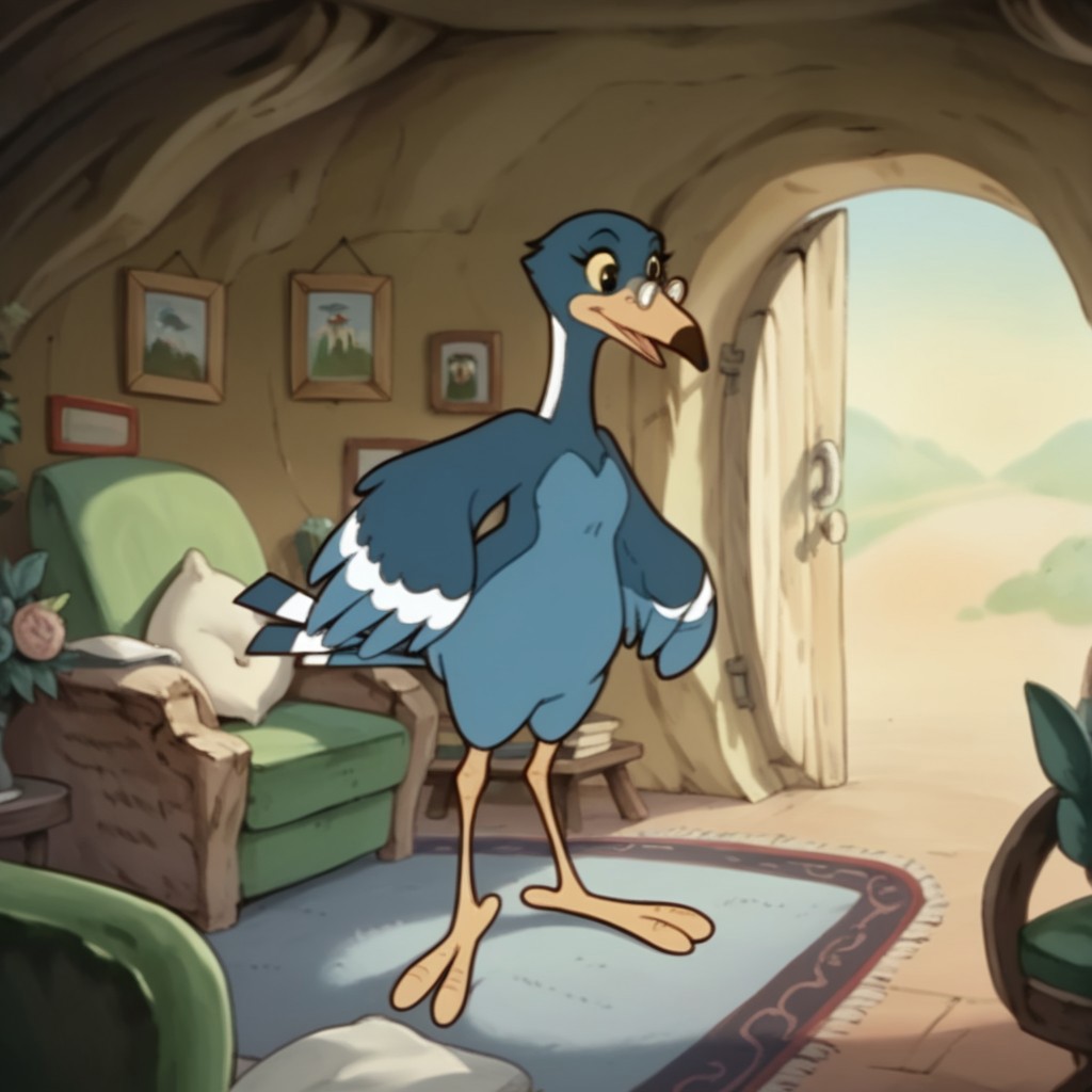 score_9, score_8_up, score_7_up, score_6_up, score_5_up, score_4_up, source_furry, Magpiebbv2, semi-anthro, female, bird, blue feathers, yellow beak,  glasses, black eyes, yellow sclera, standing, inside, cleaning