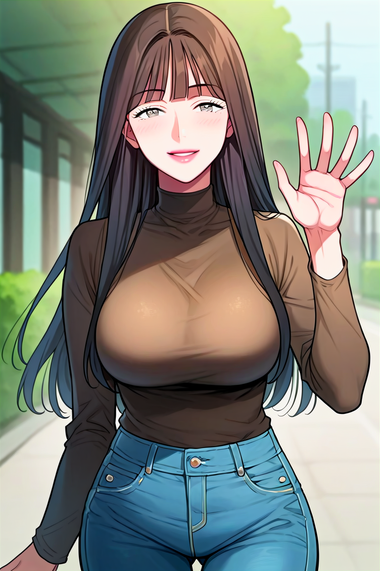 score_9, score_8_up, score_7_up, score_6_up, score_5_up, score_4_up, rating_questionable, , source_anime, digital illustration, pixiv, fanbox, uncensored, , BREAK, official art,
1girl, solo, mature female, kang yuna, black hair, grey eyes, blunt bangs, straight hair, lips
black turtleneck, long sleeves, jeans, , waving, light smile,, outdoors, blush, looking at viewer, cowboy shot,    <lora:Kang_Yuna_Pony-10:0.9>