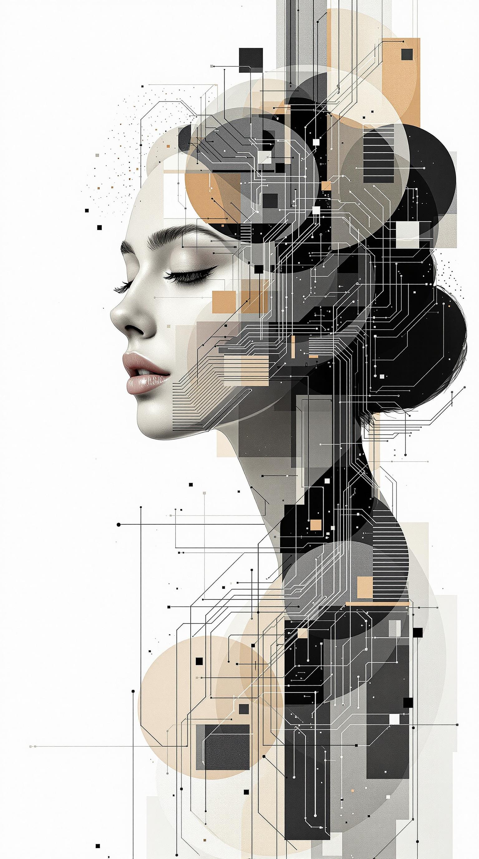 A woman with a serene expression, her head turned slightly to her right.  Her hair is dark, styled in a bun.  She is depicted in a manner reminiscent of abstract art or digital art; her form is fragmented and overlaid with geometric shapes and patterns.  These shapes and lines are in varying shades of beige, black, grey and white, creating a complex and layered effect. The background is stark white, allowing the overlapping design elements to stand out.  The style is not hyperrealistic, but rather a more atmospheric, stylized impressionistic approach.  The image evokes a sense of technology, possibly in a futuristic or cyber-aesthetic context. The composition is dynamic and full of visual interest, showcasing a blend of organic and geometric forms.  Intricate lines like circuit board patterns, or architectural structures are suggested through the graphic elements.  A sense of depth is created through the overlapping layers and graduated tones.  Include small specks and dots throughout the piece, adding to the complex design.
