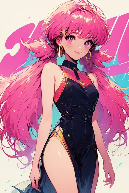 score_9, score_8_up, score_8, medium breasts, (curvy), cute, eyelashes,       BREAK, , <lora:WhitneyPDXL:0.8>, zzWhitney, pink eyes, pink hair, pigtails, hair clip, , BREAK, looking at viewer, blush, smile, bangs, dress, bare shoulders, jewelry, medium breasts, very long hair, closed mouth, standing, cowboy shot, earrings, sleeveless, black dress, bare legs, sleeveless dress, side slit, hoop earrings, text, text in background,  embedding:zPDXL,  <lora:80sPopPDXL:1>,