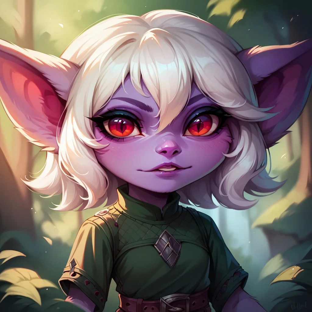 (((detailed, beautiful, high quality))), score_9, score_8_up, score_7_up, upper body,
yordle, short stature, shortstack, pointed ears, big eyes, fur,
1 girl, purple fur, white hair, red eyes, dark green top, belts,
looking at the viewer, posing,
forest background, blurred background,