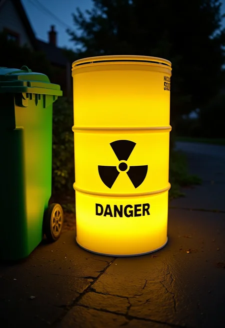 aidmasoftglow, a high quality digital image of an intricately detailed bright and glowing yellow barrel of nuclear waste with the radiation symbol on it and the text: "DANGER" in bold black letters, the barrel is sitting next to a green wheelie bin on a dark street