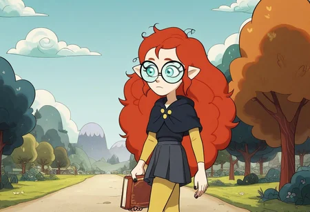 score_9, score_8_up, score_7_up, score_6_up, score_5_up, score_4_up, 1girl, solo,
pointy ears, messy hair, hair between eyes, young lilith, sidelocks, red hair, curly hair, very long hair, aqua eyes, black nails,round black glasses,school uniform, grey shirt, capelet, yellow sleeves, grey skirt, yellow leggings, walking holding books in arms, outdoors sunny day woods,