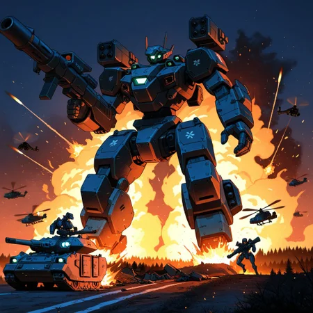 night-time, forest setting, city line in the distance, burning trees, small soldiers, masterpiece, best quality, amazing quality, detailed background, embers, raging fires, mecha, mechwarrior style, Angular head, humanoid arms, heavily armored body, well proportioned body, smooth metal, holding a bazooka in its hand, stomping on a tank and crushing it beneath the mechs foot, mono eye, glowing Green eye, black and red colored mech, front view, silhouette of mech, looming large, illuminated by fire, heavily armored humanoid legs, shoulder mounted missile pods on the mechs shoulders, large booster pack, wide legs, leg boosters, Detailed hands, Wrecked vehicles, destroyed tanks, helicopters flying in the air, mech focus, running while firing, artillery tanks firing overhead, aerial explosions, smaller soldiers running below the mech, bullets bouncing off the mechs chest
