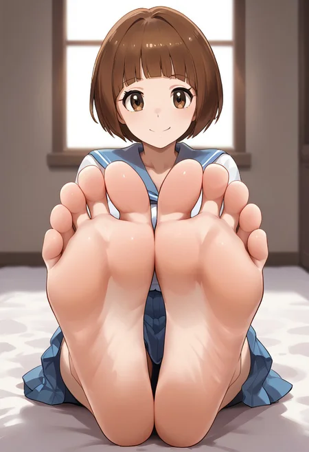 score_9, score_8_up, score_7_up, score_6_up, score_5_up, score_4_up, source_anime, BREAK, (masterpiece:1.4), (best quality:1.2), expressive eyes, perfect face, perfect anatomy, accurate anatomy, perfect feet, perfect soles, 1 girls, feet, soles, toes, foot focus, front view, smile, cute expression, clean feet, sitting, hands on ground, showing feet, barefoot, 5 toes, PONYXL_WaifuFeetPics_ownwaifu, feet, Mankanshoku_Mako, brown_eyes, brown_hair, short_hair, medium_breasts, brown_eyes, brown_hair, short_hair, medium_breasts, school_uniform, blue_sailor_collar, blue_skirt, pleated_skirt, white_shirt.