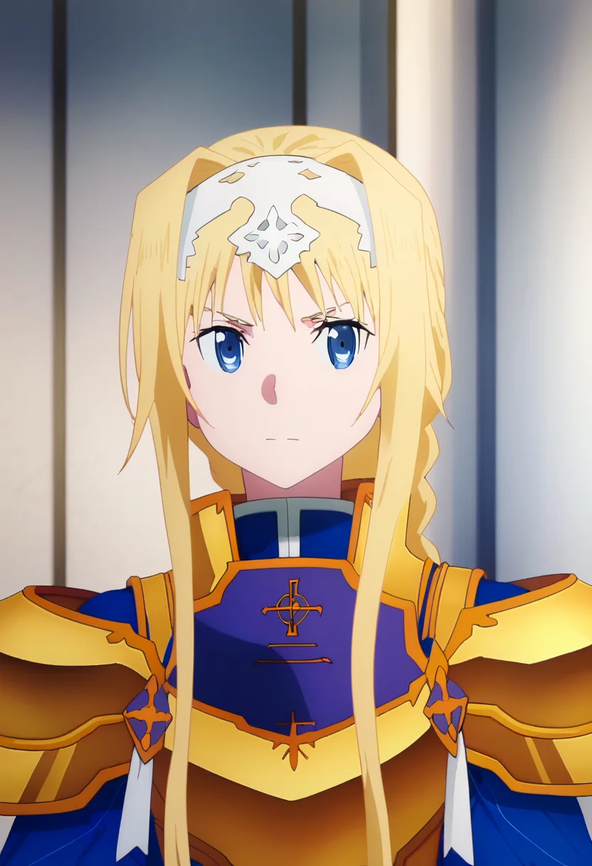 score_9, <lora:alice_zuberg:1> alice zuberg, 1girl, alice zuberg, blonde hair, blue eyes, bow, braided ponytail, closed mouth, gold armor, hairband, long hair, shoulder armor, solo, white hairband