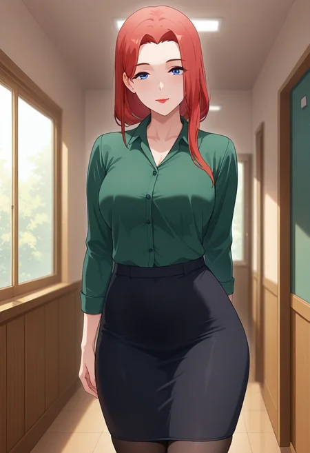 masterpiece, best quality, amazing quality, 1girl, solo, (portrait:1.2), cowboy shot, ninaww, mature female, blue eyes, red hair, long hair, tied hair, low bun, parted bangs, lipstick, green shirt, black pencil skirt, long skirt, pantyhose, looking at viewer, smile, indoors, day, skindentation, detailed clothing folds, depth of field, sharp, high contrast, dynamic light <lora:Kowalski_Nina_Bravern_ill_v11:0.9>