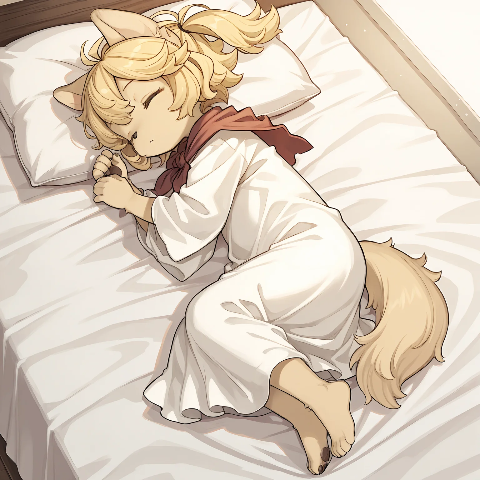 masterpiece, best quality, (absurdres), (highest quality), amazing quality, very aesthetic, no humans,
BREAK, <lora:Mei_Marzipan_Illustrious_V1:1>, mei marzipan, fuga: melodies of steel, kemono, furry female, 1girl, child, beige fur, blonde hair, yellow eyes, dog girl, animal ears, dog tail, dog ears, twintails, bangs,
BREAK, white dress, red scarf,
BREAK, (solo), full body, sleeping, peaceful, on side, pillow, bed, bedcovers, under covers, bedsheets, closed eyes,