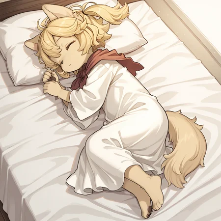 masterpiece, best quality, (absurdres), (highest quality), amazing quality, very aesthetic, no humans,
BREAK, <lora:Mei_Marzipan_Illustrious_V1:1>, mei marzipan, fuga: melodies of steel, kemono, furry female, 1girl, child, beige fur, blonde hair, yellow eyes, dog girl, animal ears, dog tail, dog ears, twintails, bangs,
BREAK, white dress, red scarf,
BREAK, (solo), full body, sleeping, peaceful, on side, pillow, bed, bedcovers, under covers, bedsheets, closed eyes,