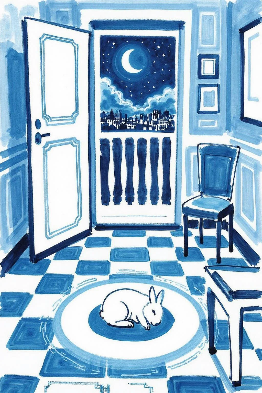 watercolor illustration.
mawo1 A painting with a vibrant, abstract style. The scene depicts an room with an open door to a balcony at night. The background features a night sky with clouds and a half moon. The foreground is dominated by a blue and white tiled floor, with a pattern of irregular shapes and lines that create a sense of movement and depth. The is a bright patch of light on the floor, illuminating a a white baby rabbit sleeping on it. <lora:minink1_cap_d6a3e12:1.0><lora:825133973136043882:0>