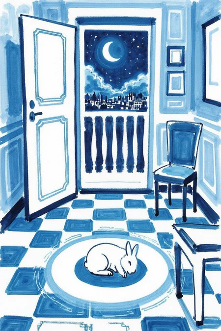 watercolor illustration.
mawo1 A painting with a vibrant, abstract style. The scene depicts an room with an open door to a balcony at night. The background features a night sky with clouds and a half moon. The foreground is dominated by a blue and white tiled floor, with a pattern of irregular shapes and lines that create a sense of movement and depth. The is a bright patch of light on the floor, illuminating a a white baby rabbit sleeping on it. <lora:minink1_cap_d6a3e12:1.0><lora:825133973136043882:0>