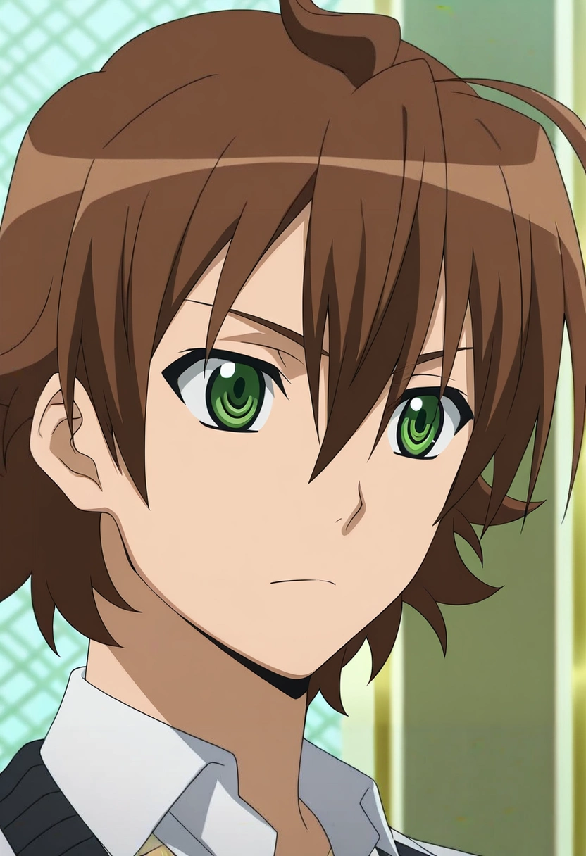 masterpiece, best quality, , anime screencap, anime coloring, official style,, 1boy, solo, male focus, <lora:tatsumi_akame_ga_kill_ilxl:0.92>, tatsumi_akame_ga_kill, brown hair, green eyes, short hair, hair between eyes, ahoge,