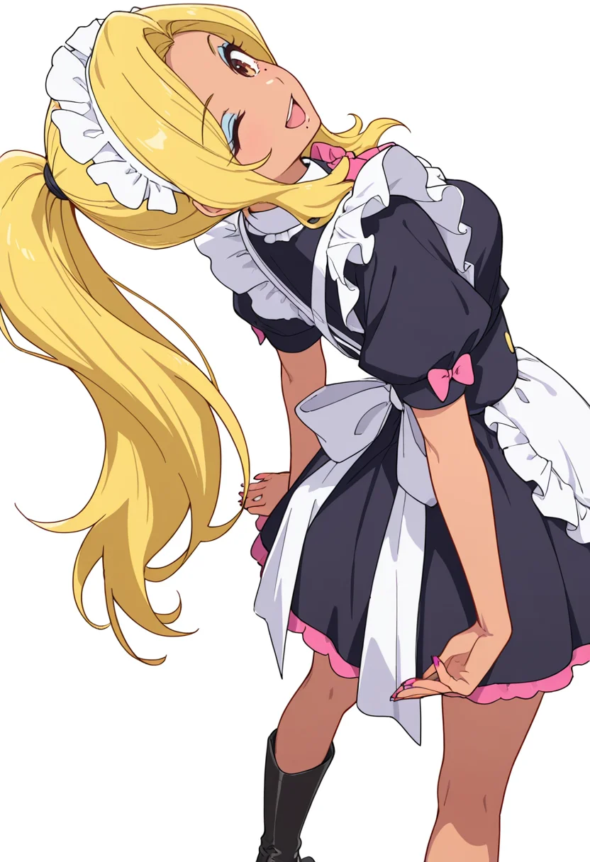 Smooth Quality,masterpiece,very intricate, high quality details, ultra realistic, high detailed skin,detailed enviorement,absurdres,
<lora:Gotou_Shino_Shiipon_CNR:0.8> gotou_cnr, blonde hair,long hair, ponytail, brown eyes, dark-skinned female, mole, nail polish, eyeshadow,gotou_maid_cnr,maid, maid headdress, maid apron,black dress, short dress,puffy short sleeves, boots, frills,pink bowtie,, simple background, white background, from behind,solo,
seated with legs outstretched, hands planted behind, torso leaning back ,, ;d,