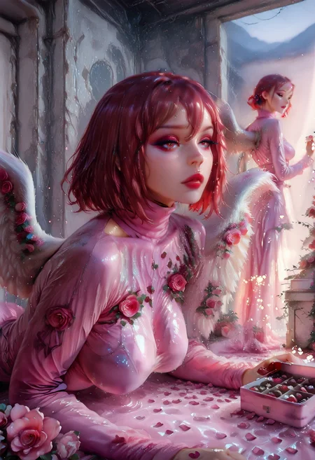 masterpiece, best quality, amazing quality, very aesthetic, absurdres, newest, (scenery, volumetric lighting),depth of field, 1girl,solo,sfw,(,,Cowboy Shot) ,rr makeup, portrait, lipstick, eyeliner,shishou \(cookie\), cookie \(touhou\), 1girl, red eyes, hair between eyes, red hair, short hair, medium hair, hair bobbles,, 1girl, impending_doom, long sleeve, turtleneck, rf gown, pink flower, pink dress, flower, angel wings,, flower, roses, hearts, cherry blossom petals,box of chocolates,medium breasts, medium and teardrop shaped breasts,(covered breasts:1.3),curvy,skindentation,crawling, romantic, in love, wet water drop, lying_on_water, detailed wet clothes, wet hair,dramatic_sky, distrail,solo focus, unsr,,(shiny skin:0.7),(sakimichan:0.8,wlop:0.5),masterpiece, best quality, amazing quality, very aesthetic, absurdres, newest, (scenery, volumetric lighting),depth of field,gobo lighting,lif \(lif-ppp\), <lora:memento mori:0.6> <lora:MoriiMee_Gothic_Niji_Style_Illustrious_r1:0.8> artist:moriimee <lora:ral-vltne:1> ral-vltne <lora:TQ_-_Rustic_Wooden_Valentines_Day_Backdrops:1> <lora:GOBOLightingILL:1> gobo lighting, shadows <lora:romanticredeyeshadowILL:0.8> <lora:RealflowergownILL:1>