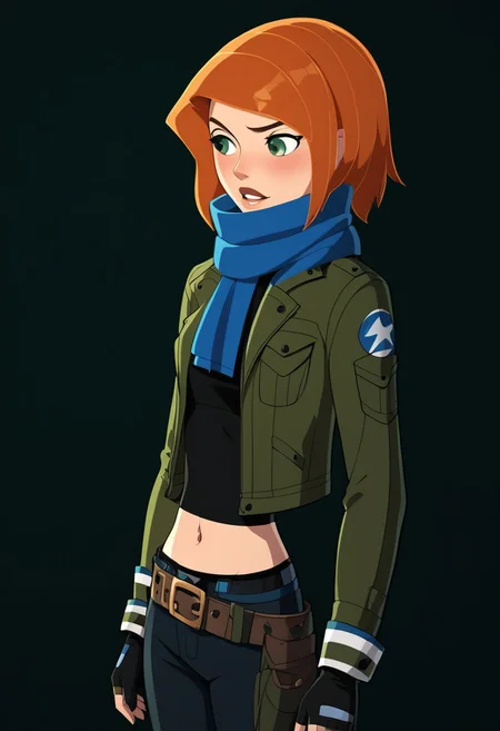 score_9, score_8_up, score_7_up, score_6_up, score_5_up, score_4_up, BREAK,
1girl, solo, blush, gloves, green eyes, scarf, navel, jacket, orange hair, belt