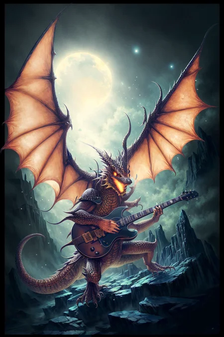 <lora:ironcatlora2Dragons_v10:0.5> <lora:guitarsElectricAnd_v10:1> textless, photo, a dragon playing (guitar:1.1), tundra, multiple wings,