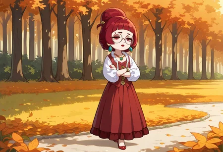solo, 1girl, red hair, red eyes, round eyewear, round glasses, shortstack, red victorian dress, hime cut, blunt bangs, single hairbun, mature female, milf, flat chest, tired, puffy sleeves, long sleeves, red lipstick, pantaloons, jewelry, bracelet, necklace, earrings, rings, long skirt, frills, walking, half closed eyes, arms crossed, belt, sleepy
outdoors, orange leaves, orange forest, soft lighting,