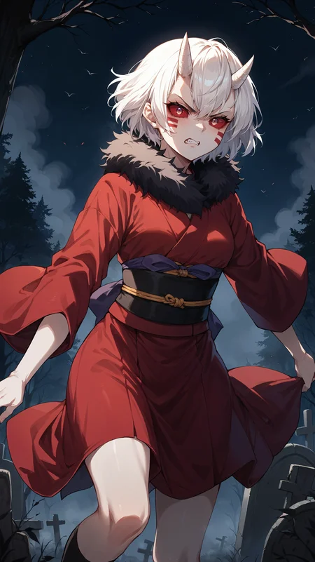 score_9,score_8_up,score_7_up,score_6_up, source_anime, zPDXL3, <lora:xl_more_art-full_v1:0.5>, girl, dynamic pose, arm at her side, <lora:Mukago - Pony-000004:0.8>, pale skin, white skin, short hair, white hair, red eyes, face markings, demon, short horns, white horns, fur trim, red kimono, night time, dim lighting, forest, mist, fog, angry, graveyard,