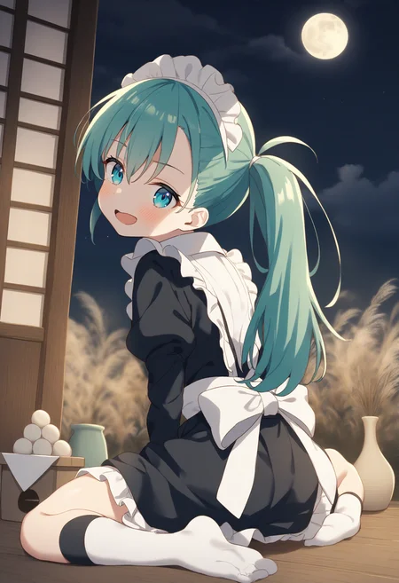 1girl,sincos, ningen mame, toosaka asagi,solo,medium breasts,20yo,maid,maid headdress,
tsukimi, full moon, tsukimi dango, sanbou, night, night sky, susuki grass, outdoors,<lora:tsukimi_XL_v1:0.8>
full body, wide shot,
from behind, looking at viewer, aqua hair, black eyes,archaic smile, open mouth, topknot hair,,
best quality, very aesthetic, absurdres